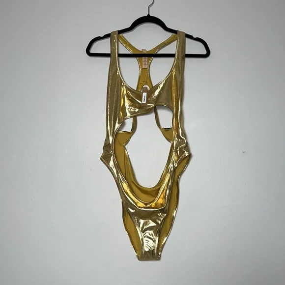 NWT SKIMS Signature Swim Cut Out Gold Metallic Monokini Swimsuit 3X - Picture 5 of 13